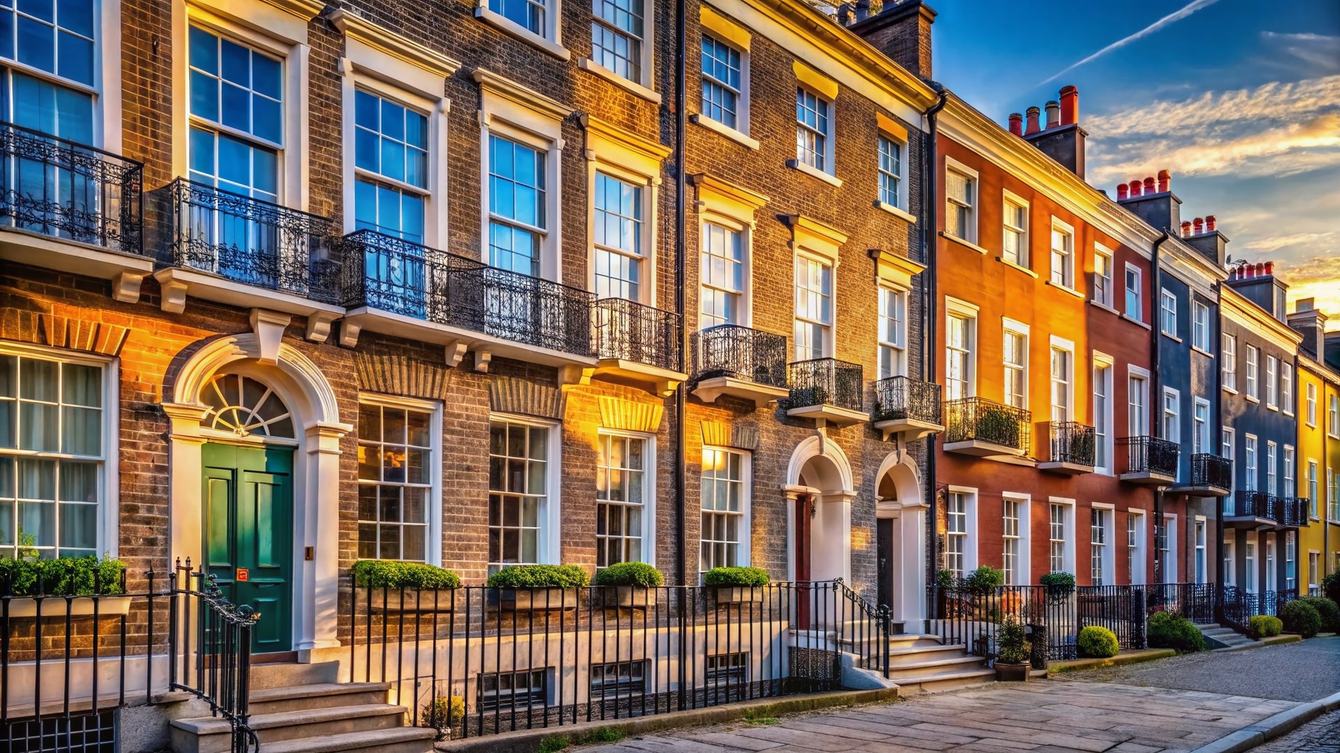 Row of historic Georgian townhouses with colorful facades in shades of yellow, orange and red, featuring wrought iron railings and large sash windows
