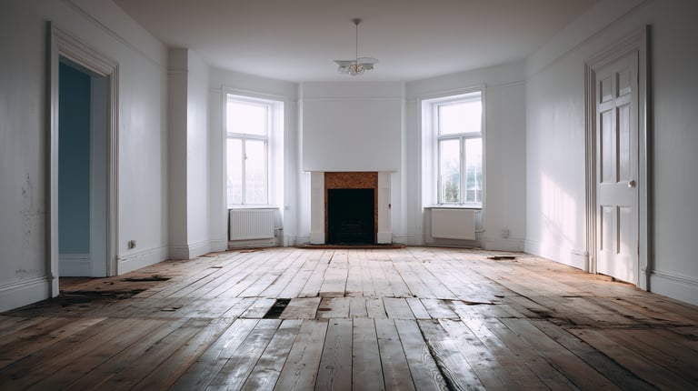 Empty room with hardwood floors, white walls, multiple windows, fireplace, and white doors