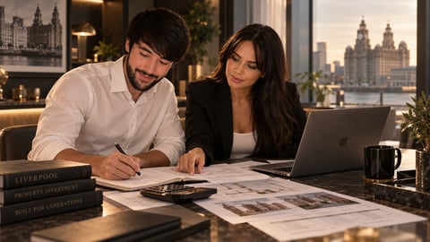 Two professionals review documents at a desk with a laptop in a modern office overlooking a city skyline
