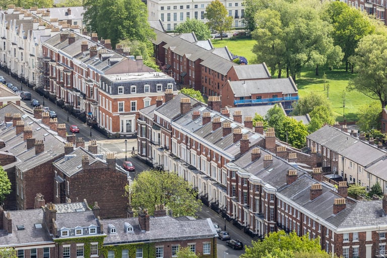 Aerial view of historic brick row houses with green park and trees in urban neighborhood