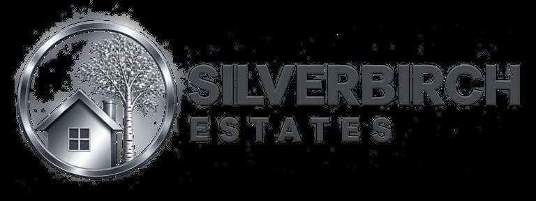 Silverbirch Estates logo featuring a circular silver tree design with a house icon and text on black background