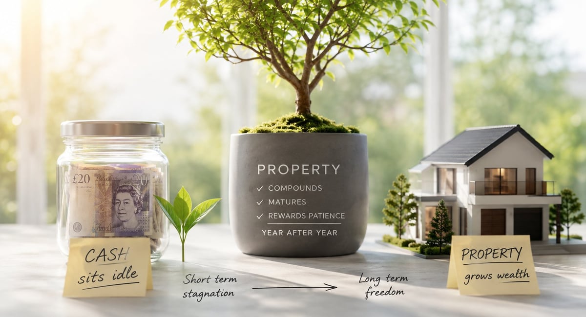 Financial planning concept showing jar labeled cash, potted plant with property compounding growth chart, and miniature house model with wealth labels
