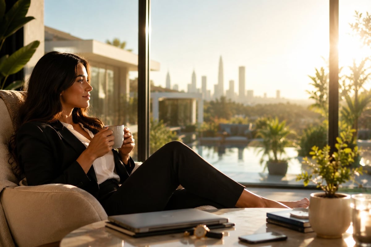 Woman in black blazer holding a coffee cup sitting by a large window overlooking a city skyline with water and palm trees