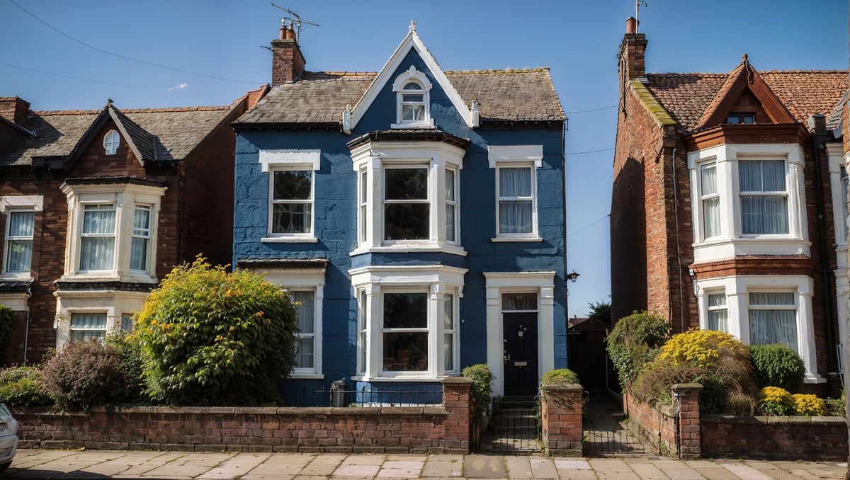 Blue Victorian townhouse between red brick buildings with landscaped garden and clear sky